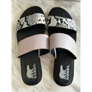 Sorel Mauve Pink & Snakeskin Slip On Flat Sandal